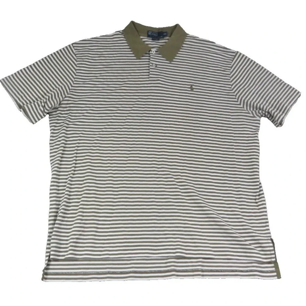 Polo Ralph Lauren Shirt Mens XXL Green White Striped Pima Cotton Short Sleeves